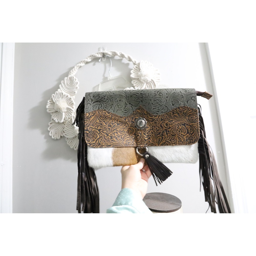 Western Tooled Leather Hair-on-Hide Fringe Clutch Bag Brown Gray Concho‎